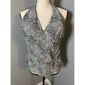 Mycoco Womens Leopard Print Halter Tankini Top V-Neck Swimsuit Brown Black US 16